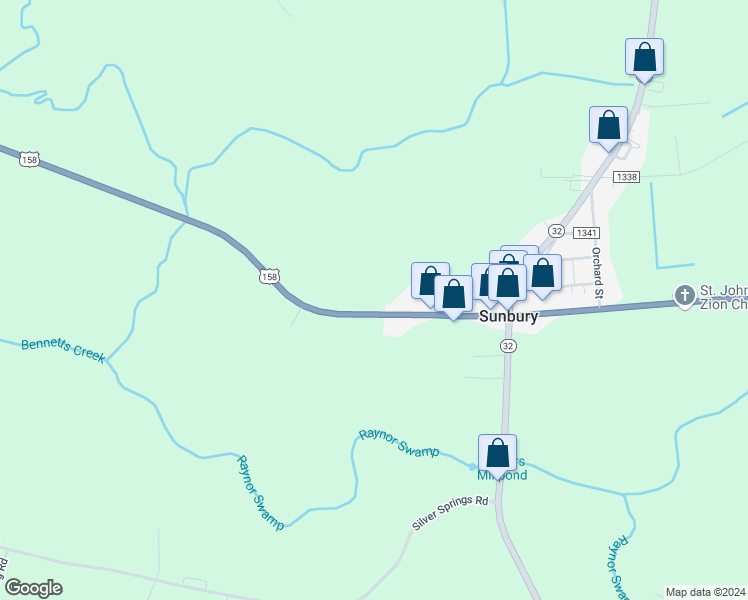 map of restaurants, bars, coffee shops, grocery stores, and more near 950 U.S. 158 in Sunbury