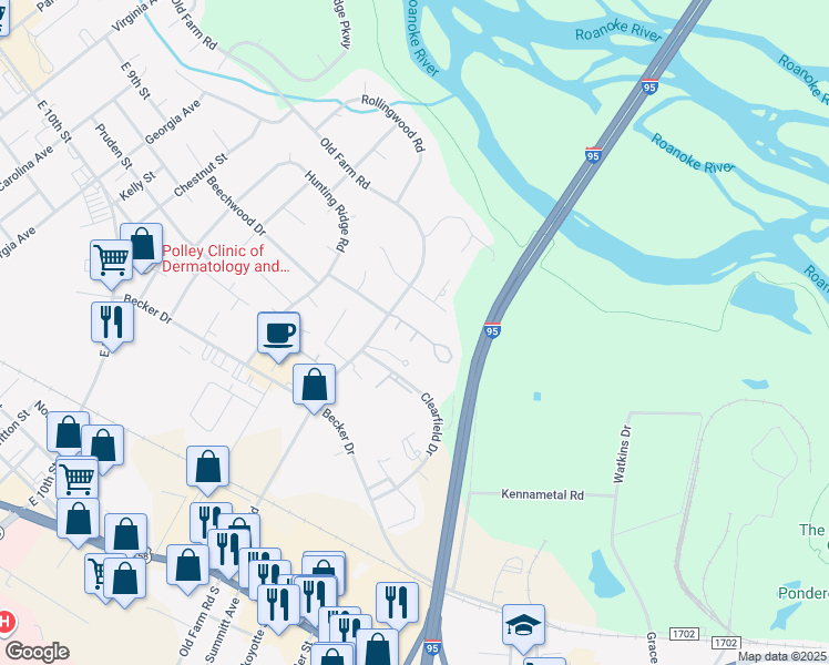 map of restaurants, bars, coffee shops, grocery stores, and more near 205 Old Farm Road in Roanoke Rapids