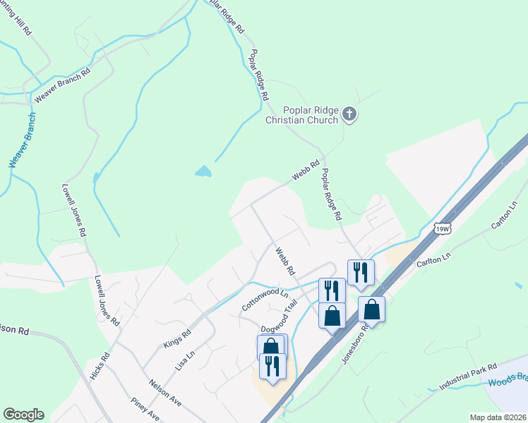 map of restaurants, bars, coffee shops, grocery stores, and more near 329 Webb Road in Piney Flats
