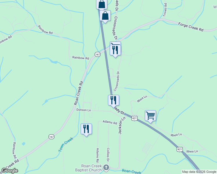 map of restaurants, bars, coffee shops, grocery stores, and more near 2591 Shady Street in Mountain City