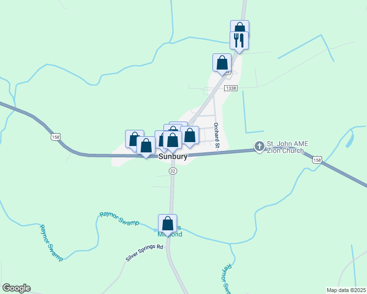 map of restaurants, bars, coffee shops, grocery stores, and more near 11 Bank Street in Sunbury