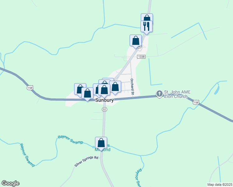 map of restaurants, bars, coffee shops, grocery stores, and more near 79 West Bank Road in Sunbury