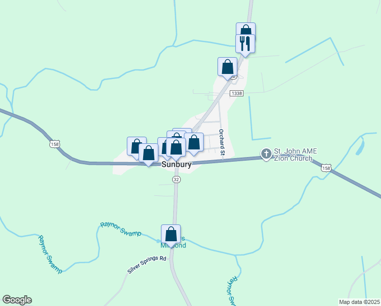 map of restaurants, bars, coffee shops, grocery stores, and more near 11 West Bank Road in Sunbury