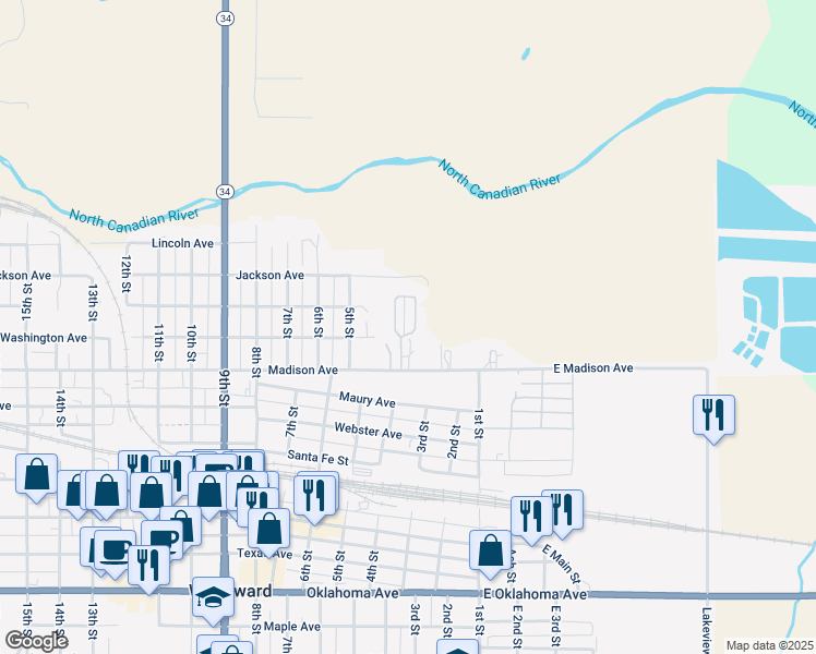 map of restaurants, bars, coffee shops, grocery stores, and more near 310 Madison Avenue in Woodward