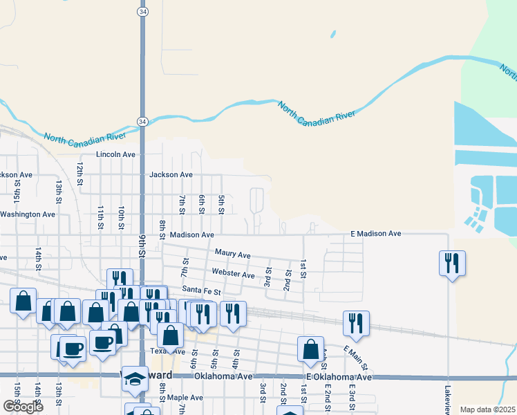 map of restaurants, bars, coffee shops, grocery stores, and more near 310 Madison Avenue in Woodward