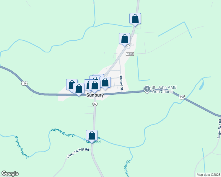map of restaurants, bars, coffee shops, grocery stores, and more near 25 West Bank Road in Sunbury