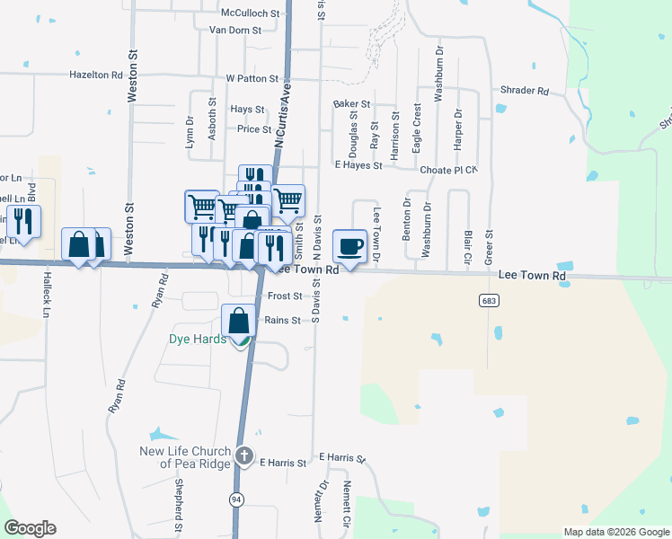 map of restaurants, bars, coffee shops, grocery stores, and more near 402 Lee Town Road in Pea Ridge