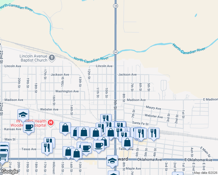 map of restaurants, bars, coffee shops, grocery stores, and more near 502 10th Street in Woodward