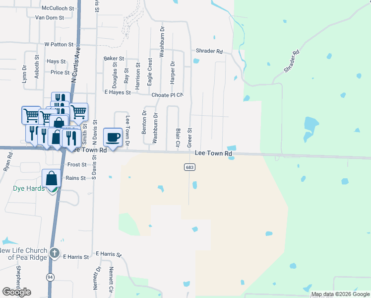 map of restaurants, bars, coffee shops, grocery stores, and more near 101 Greer Street in Pea Ridge