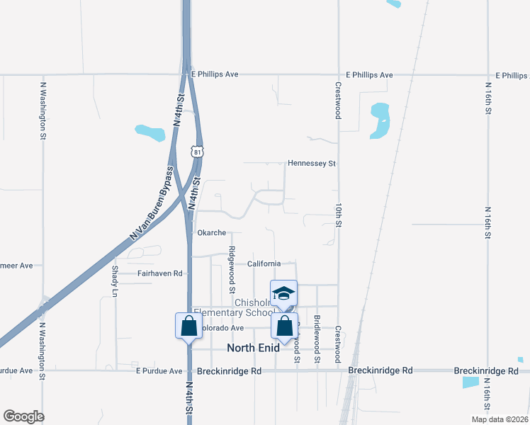 map of restaurants, bars, coffee shops, grocery stores, and more near 624 Minco Road in Enid