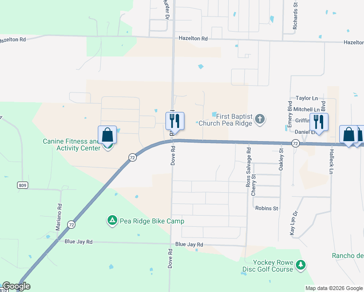 map of restaurants, bars, coffee shops, grocery stores, and more near 2103 Slack Street in Pea Ridge
