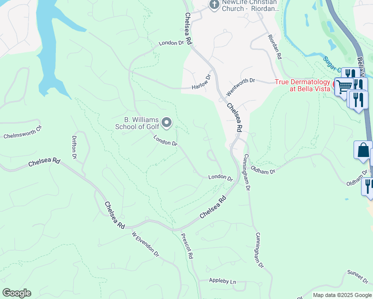 map of restaurants, bars, coffee shops, grocery stores, and more near 49 London Drive in Bella Vista