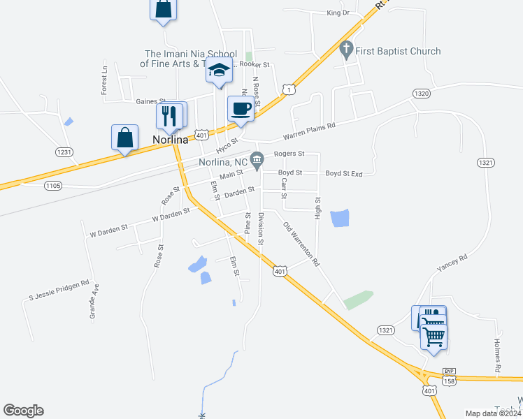 map of restaurants, bars, coffee shops, grocery stores, and more near Division Street in Norlina