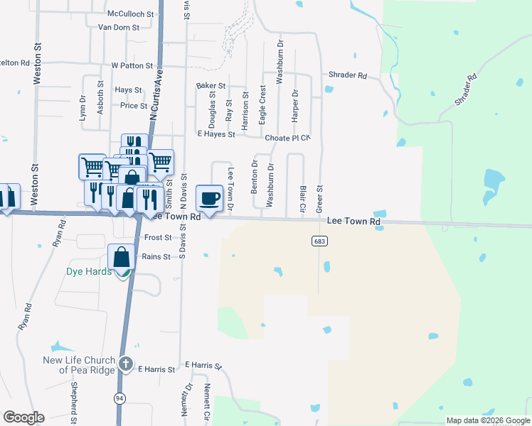 map of restaurants, bars, coffee shops, grocery stores, and more near 170 Washburn Drive in Pea Ridge