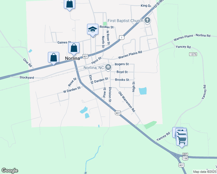 map of restaurants, bars, coffee shops, grocery stores, and more near 408 Division Street in Norlina