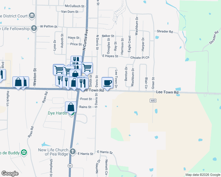 map of restaurants, bars, coffee shops, grocery stores, and more near 738 Lee Town Drive in Pea Ridge