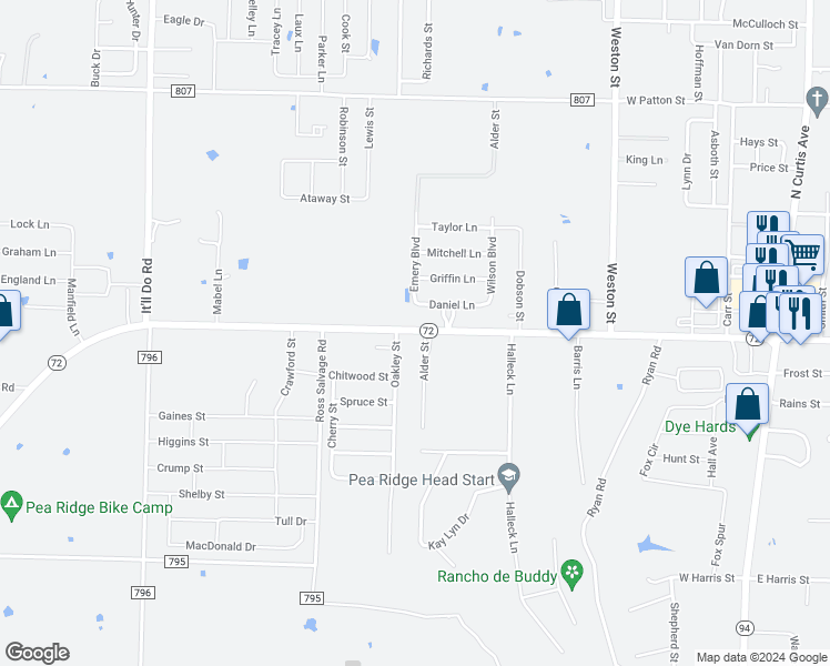 map of restaurants, bars, coffee shops, grocery stores, and more near 109 Alder Street in Pea Ridge