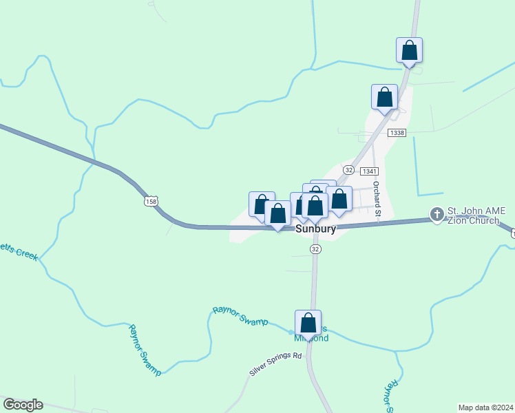 map of restaurants, bars, coffee shops, grocery stores, and more near 980 U.S Highway 158 West in Eure