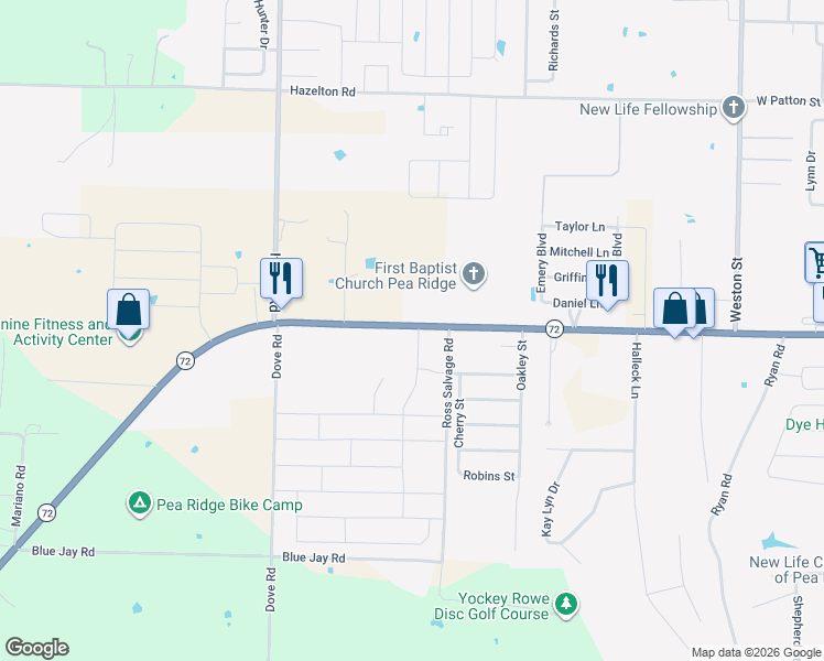 map of restaurants, bars, coffee shops, grocery stores, and more near 1762 Slack Street in Pea Ridge