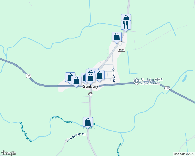 map of restaurants, bars, coffee shops, grocery stores, and more near 30 Virginia Avenue in Sunbury