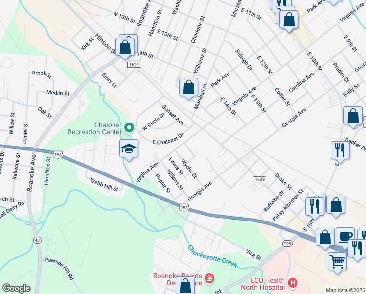 map of restaurants, bars, coffee shops, grocery stores, and more near 1732 Virginia Avenue in Roanoke Rapids