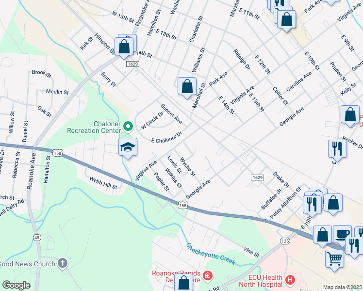 map of restaurants, bars, coffee shops, grocery stores, and more near 1732-1776 Virginia Avenue in Roanoke Rapids