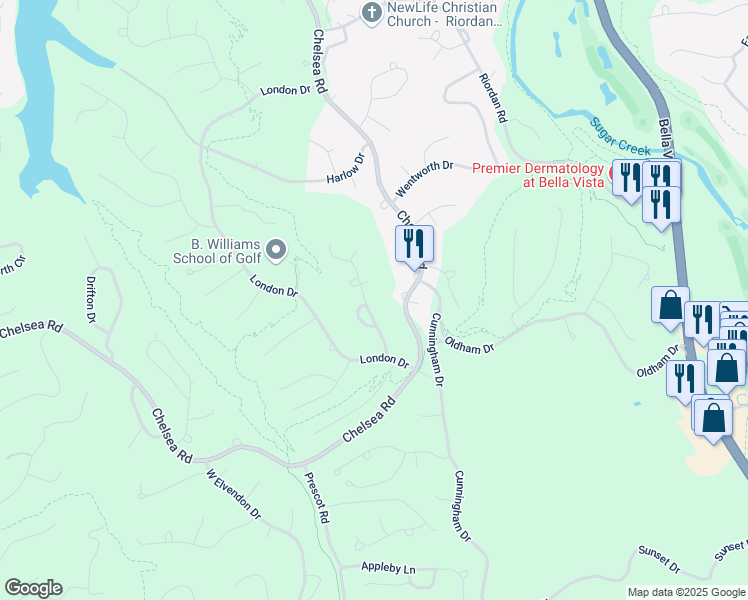 map of restaurants, bars, coffee shops, grocery stores, and more near 11 Runnymede Lane in Bella Vista