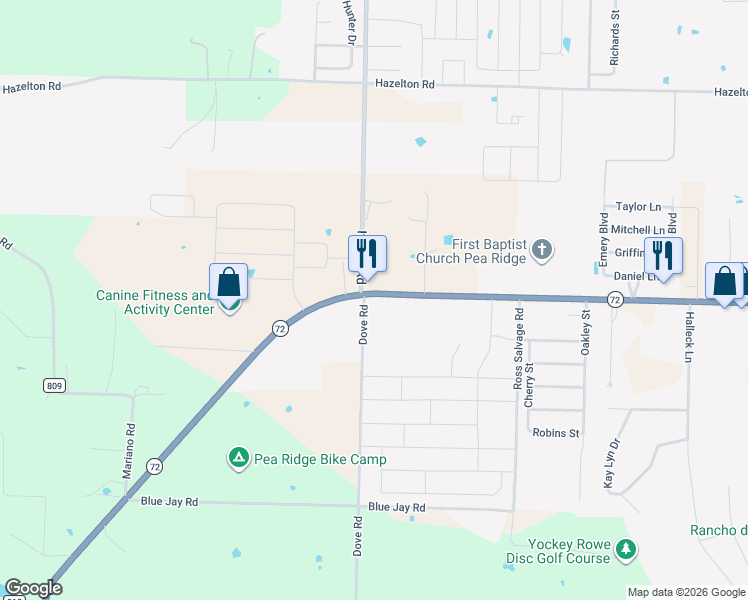 map of restaurants, bars, coffee shops, grocery stores, and more near 2103 Slack Street in Pea Ridge