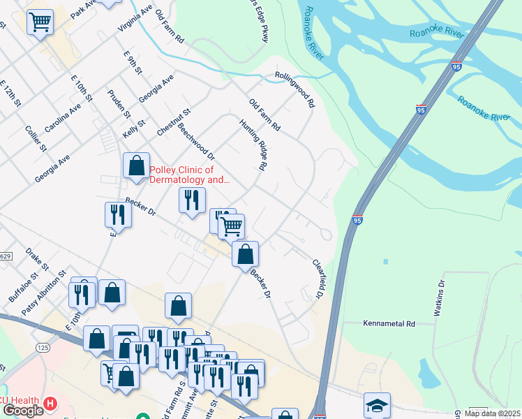 map of restaurants, bars, coffee shops, grocery stores, and more near 101 Autumn Court in Roanoke Rapids