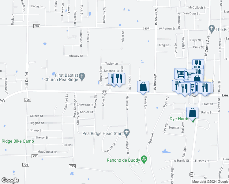 map of restaurants, bars, coffee shops, grocery stores, and more near 1014 Slack Street in Pea Ridge