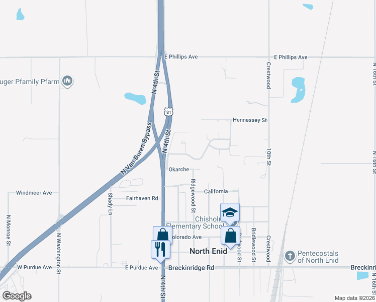 map of restaurants, bars, coffee shops, grocery stores, and more near 4621 Addington in Enid