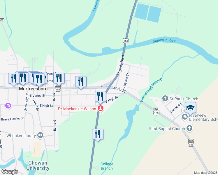 map of restaurants, bars, coffee shops, grocery stores, and more near U.S. 258 in Murfreesboro