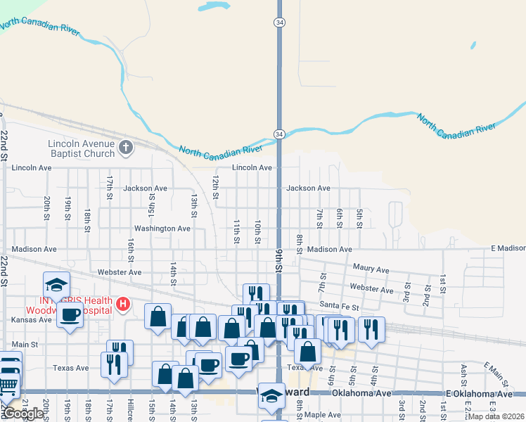map of restaurants, bars, coffee shops, grocery stores, and more near 502 10th Street in Woodward