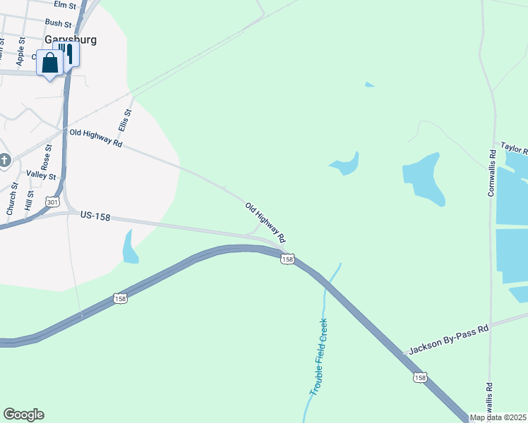 map of restaurants, bars, coffee shops, grocery stores, and more near 30 Old Highway Road in Garysburg