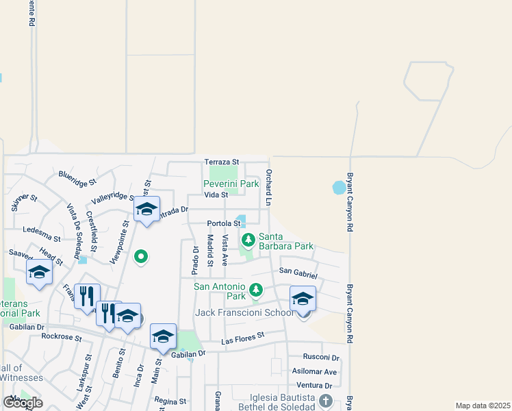 map of restaurants, bars, coffee shops, grocery stores, and more near 953 Entrada Drive in Soledad