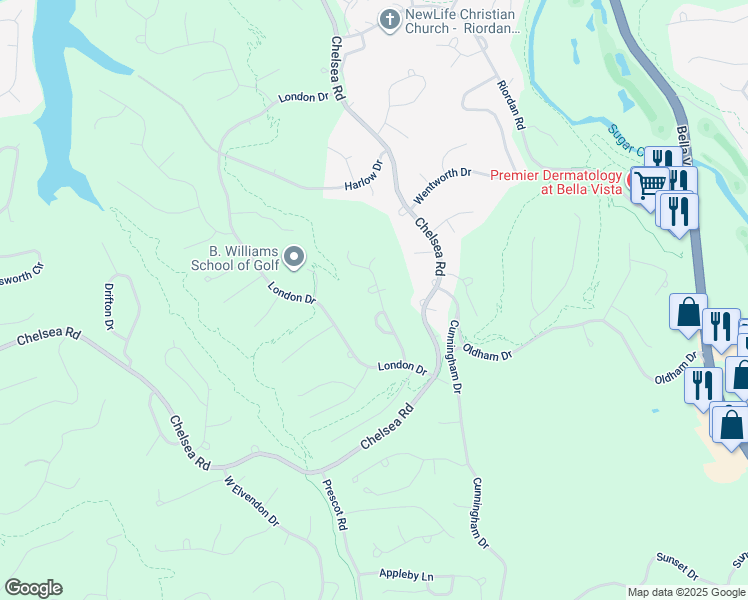 map of restaurants, bars, coffee shops, grocery stores, and more near 11 Runnymede Lane in Bella Vista