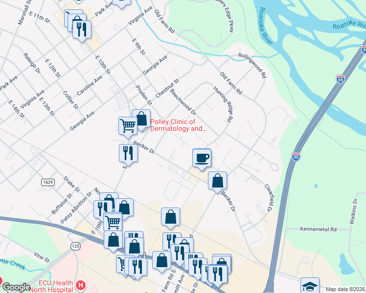 map of restaurants, bars, coffee shops, grocery stores, and more near 117 Steeplechase Run in Roanoke Rapids
