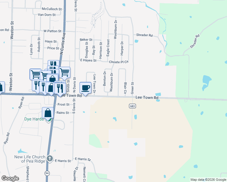 map of restaurants, bars, coffee shops, grocery stores, and more near 170 Washburn Drive in Pea Ridge