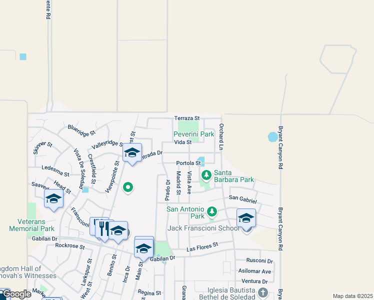 map of restaurants, bars, coffee shops, grocery stores, and more near 891 Entrada Drive in Soledad