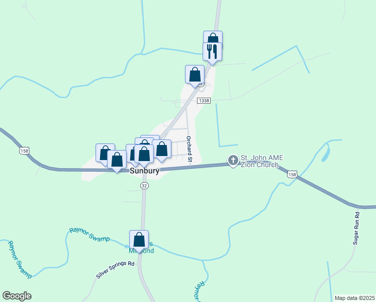 map of restaurants, bars, coffee shops, grocery stores, and more near 15 Orchard Street in Sunbury