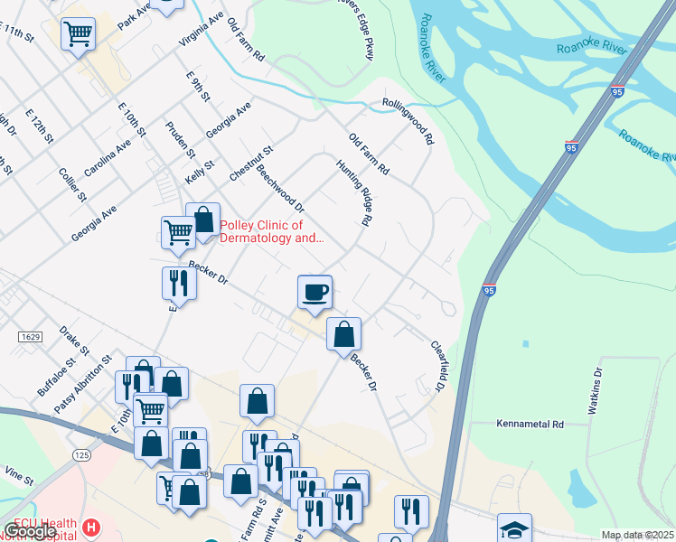 map of restaurants, bars, coffee shops, grocery stores, and more near 101 Autumn Court in Roanoke Rapids