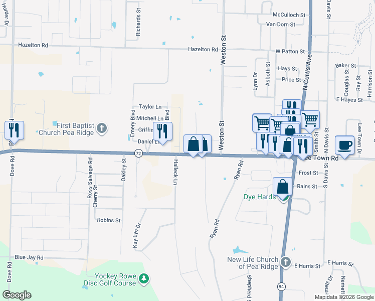 map of restaurants, bars, coffee shops, grocery stores, and more near 892 Slack Street in Pea Ridge