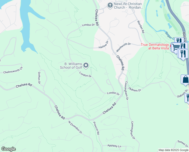 map of restaurants, bars, coffee shops, grocery stores, and more near 49 London Drive in Bella Vista