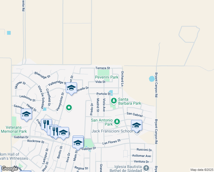 map of restaurants, bars, coffee shops, grocery stores, and more near 891 Entrada Drive in Soledad