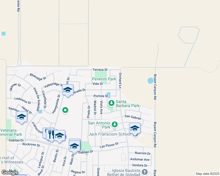 map of restaurants, bars, coffee shops, grocery stores, and more near 953 Entrada Drive in Soledad