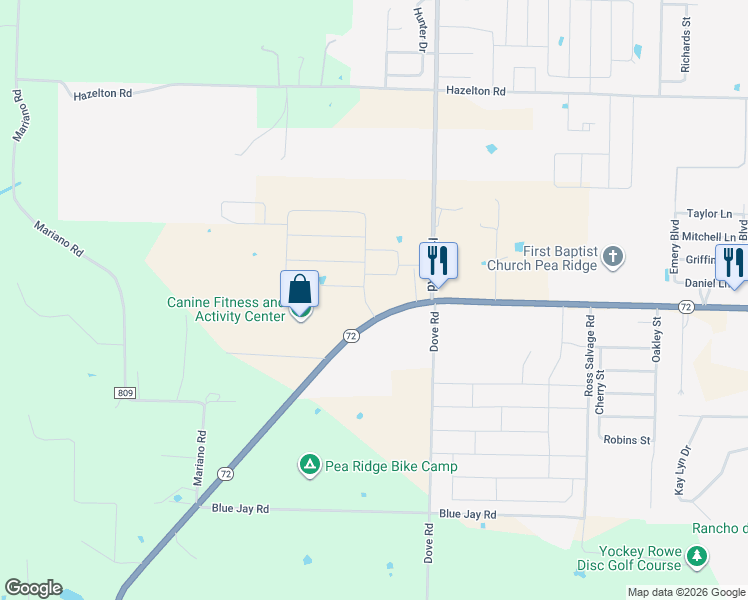 map of restaurants, bars, coffee shops, grocery stores, and more near 10526 Arkansas 72 in Pea Ridge