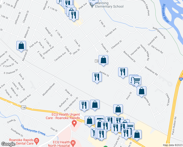 map of restaurants, bars, coffee shops, grocery stores, and more near 105 West Becker Drive in Roanoke Rapids