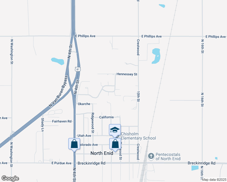 map of restaurants, bars, coffee shops, grocery stores, and more near 624 Minco Road in Enid