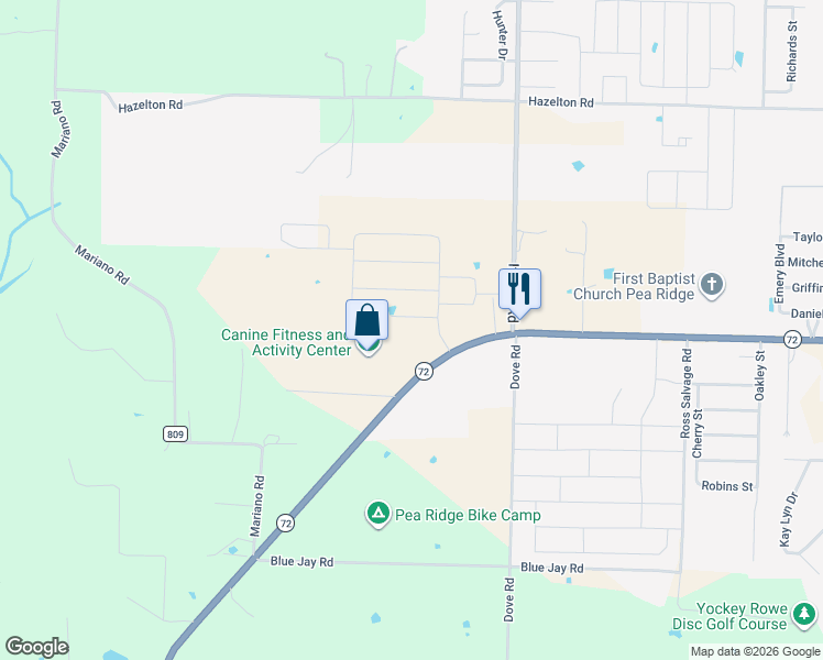 map of restaurants, bars, coffee shops, grocery stores, and more near 10514 Arkansas 72 in Pea Ridge