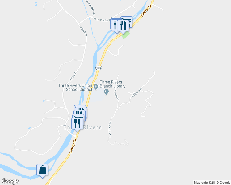 map of restaurants, bars, coffee shops, grocery stores, and more near 41591 Mynatt Drive in Three Rivers